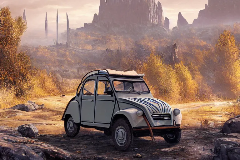 Image similar to offroad citroen 2 cv ( 1 9 6 5 ) driving across the rift, daedric longsword attached to the side, leather and cloth traveller bags on roof, riften city in the background, epic fantasy, autumn, the elder scrolls v : skyrim, dramatic lighting, establishing shot, by simon stalenhag