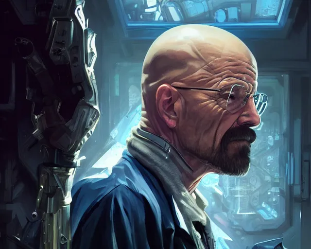 Image similar to walter white with cyberpunk implants, deep focus, d & d, fantasy, intricate, elegant, highly detailed, digital painting, artstation, concept art, matte, sharp focus, illustration, hearthstone, art by artgerm and greg rutkowski and alphonse mucha