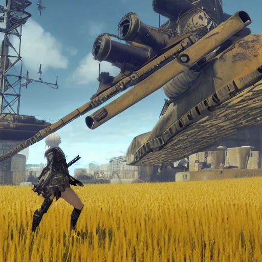 Image similar to a high resolution very detailed image of russian tank boss fight from nier : automata in yellow rye field under pure blue skies