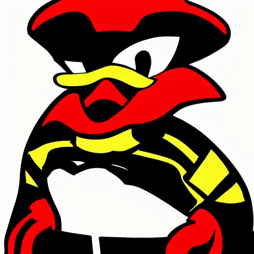 Prompt: An anthropomorphic duck wears a black superhero costume with a black mask and a red cape. Comic book style