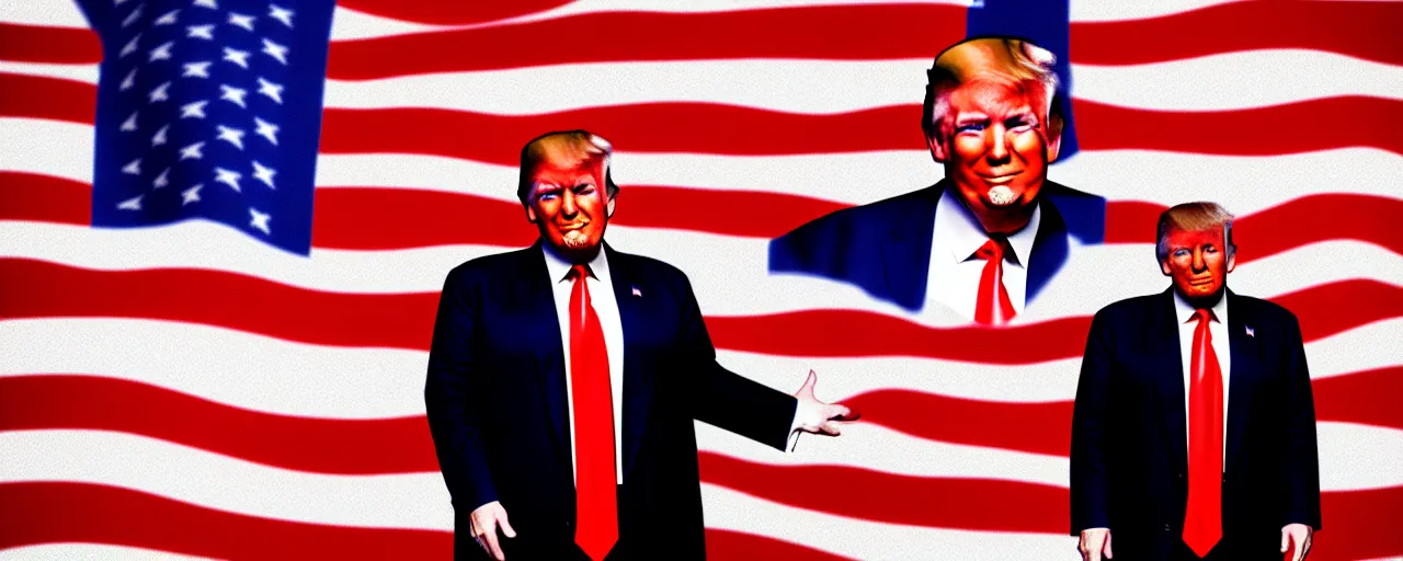 Image similar to graphic art of donald trump as a professional dancer in front of an american flag which covers the entire background