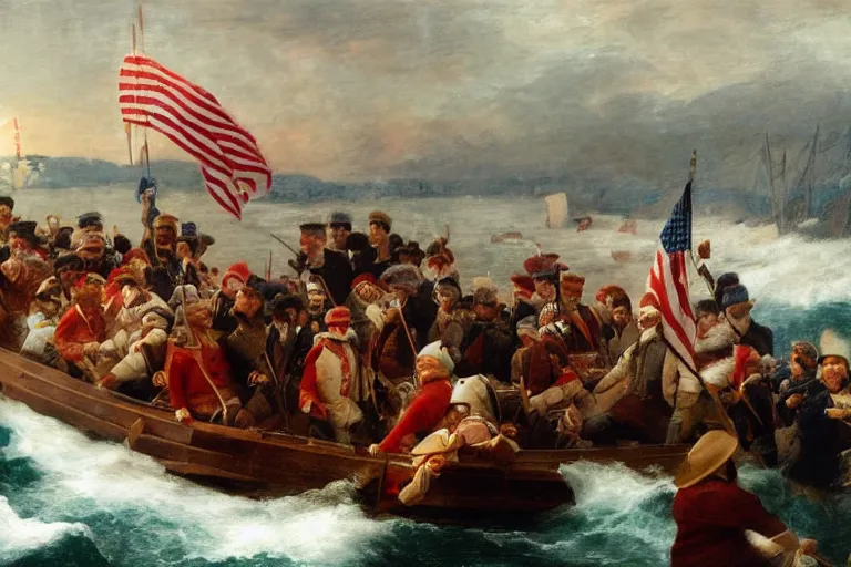 Image similar to Donald Trump crossing the delaware there is an arbys sign in the background by Emanuel Leutze