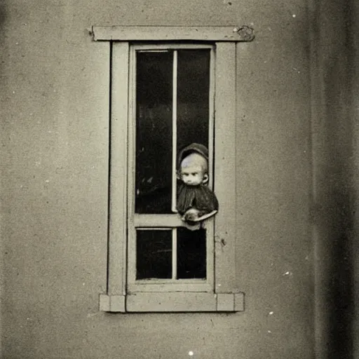 Prompt: an old photograph of a victorian child peering from a window in an abandoned mental asylum