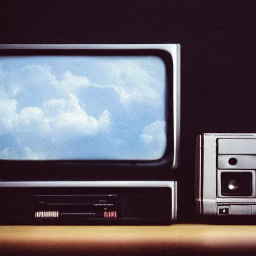 Image similar to a professional studio photograph of a 90s television and VHS combo playing a video (((((((((((((((of clouds))))))))))))))), key light, 50mm, shallow depth of field, no artefacts