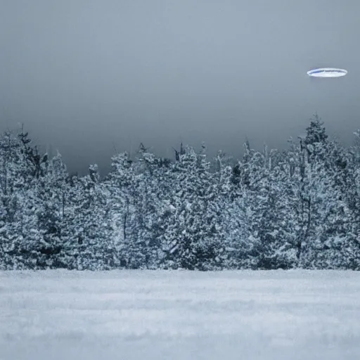 Prompt: grainy photograph of a hamburger-shaped UFO flying above a boreal forest