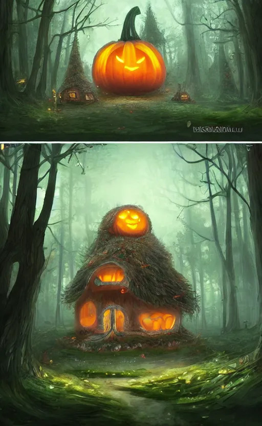 Image similar to a giant pumpkin house in the middle of a forest at night, the lights are on, dynamic lighting, photorealistic fantasy concept art, trending on art station, stunning visuals, creative, cinematic, ultra detailed