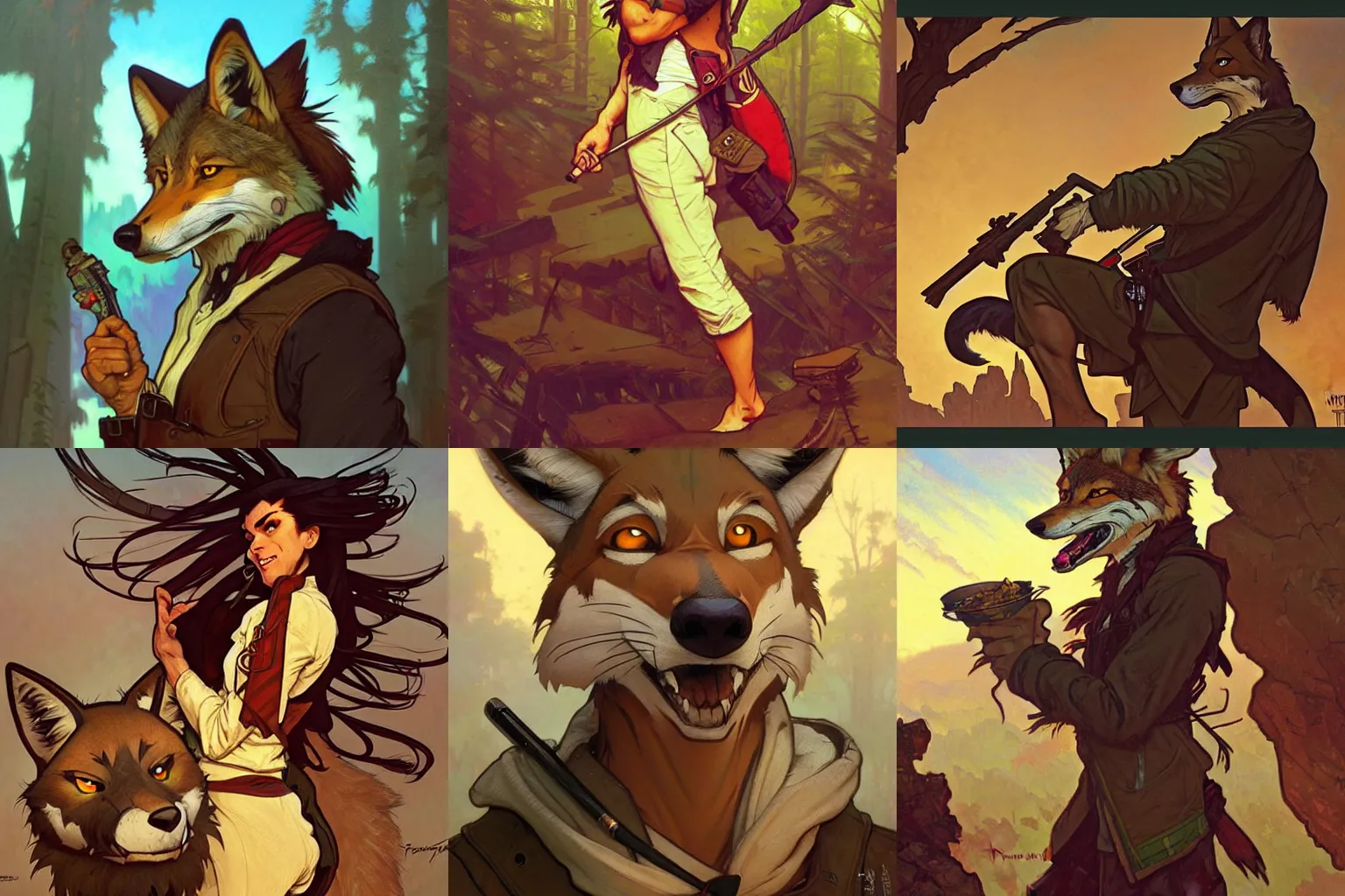 Prompt: anthropomorphic coyote Jedi. Renowned character illustration by greg rutkowski, thomas kindkade, alphonse mucha, loish, norman rockwell. Trending on furaffinity.