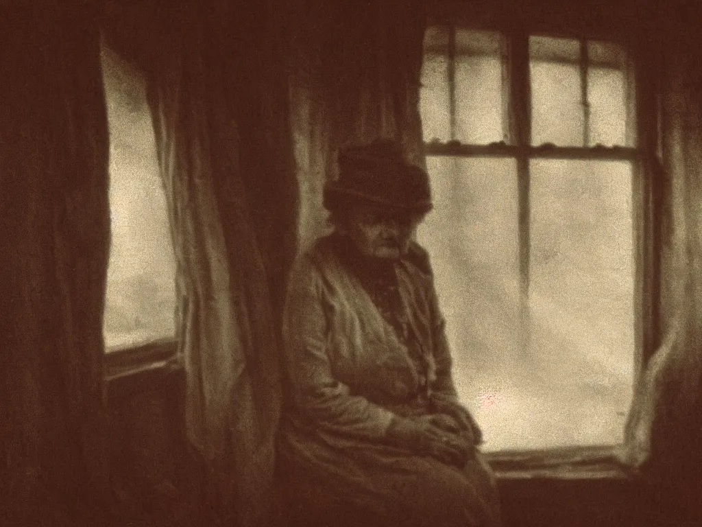 Image similar to portrait bust of old woman sitting at table, hands in pockets, looking outside, tired expression, faded color film, russian cinema, tarkovsky, technicolor, inside old cabin, next to window, heavy forest outside, long brown hair, old clothing, heavy fog, brown color palette, sunset, low light, hudson river school, 4 k, dramatic lighting