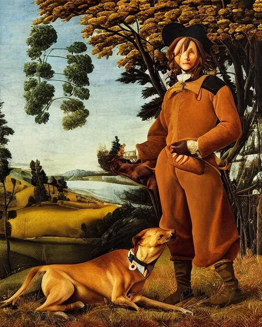 Image similar to beautiful medium - shot, oil on canvas, young man in hunting clothes of 1 7 th century with a greyhound!! dog, autumn field, cinematic lighting, highly detailed, digital art, renaissance painting, by botticelli, by rutkowsky, by ernest huntley hart