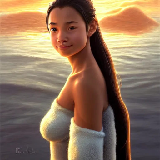 Image similar to beautiful serene intricate portrait of katara from the water tribe as a young woman, smiling softly, relaxing on the beach, golden hour, soft focus, 8 k, art by irakli nadar, hyperrealism, hyperdetailed, ultra realistic