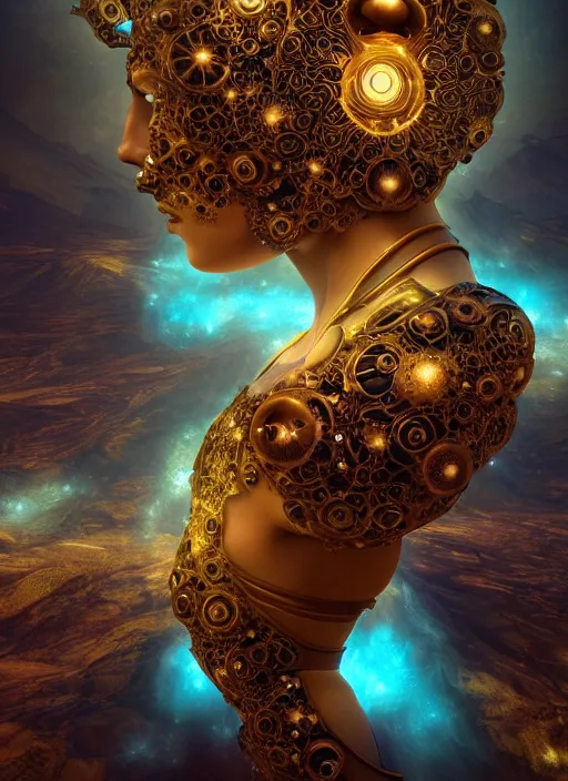 Image similar to flowers within the whole infinite capsule apparent with awe the apparition, an idea seep's into infinity highly detailed in volumetric latent space, golden turquoise steampunk, high contrast cinematic light, mystical shadows, sharp focus, divine realm of gods, octane render, artist by boris vallejo,