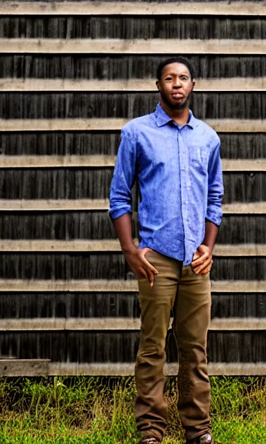 Image similar to portrait of blakce shelton standing against barn wall