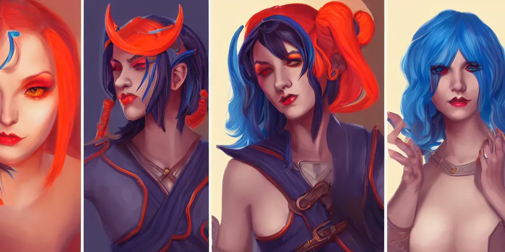 Image similar to triptych of youthful female feminine tiefling female bard with long bob cut blue hairstyle, her skin is tangerine, she has immaculate skin and pure black eyes and is wearing colorful leather armor by rossdraws,