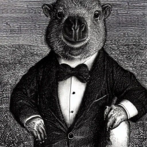 Prompt: capybara in a tuxedo, dark, high detail, dramatic light, drawing gustave dore