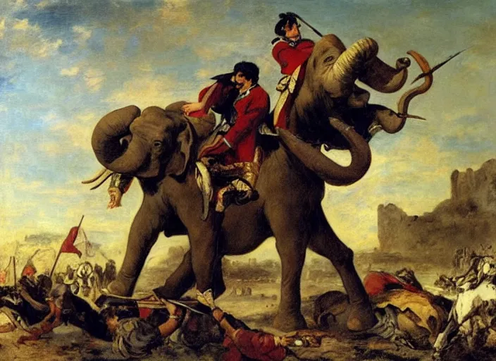 Prompt: romanticism painting of hannibal riding an elephant during the french revolution, by eugene delacroix