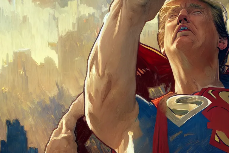 Prompt: donald trump as superman, detailed portrait, realism, 4 k, art by greg rutkowski, alphonse mucha, artistic, trending on artstation, beautiful mural