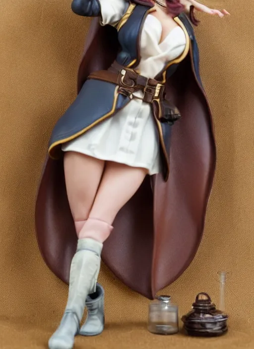 Image similar to 80mm resin detailed miniature of a female alchemist with short brown hair wearing a short dress, white stockings, leather boots and cape, Product Introduction Photos, 4K, Full body