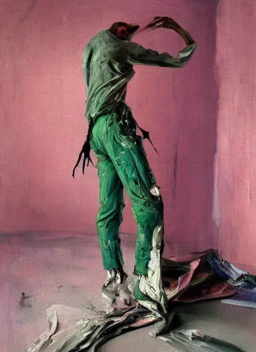 Image similar to an insane, skinny, artist wearing torn overalls, expressive emotions, painting inside a grand messy studio, depth of field, hauntingly surreal, highly detailed oil painting, by francis bacon, edward hopper, adrian ghenie, glenn brown, soft light 4 k in pink, green and blue colour palette, cinematic composition, cinematic lighting, high quality octane render, masterpiece