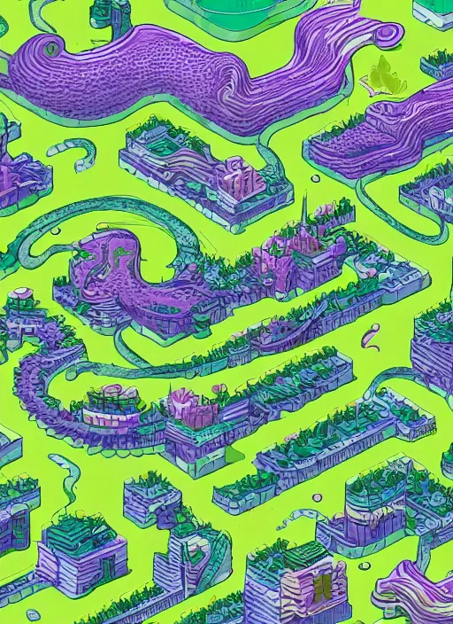 Image similar to isometric snake oil cityscapes islands, green and purple big waterfall, in the ornate snakelike swirled clouds, by krynski and Jeehyun lee