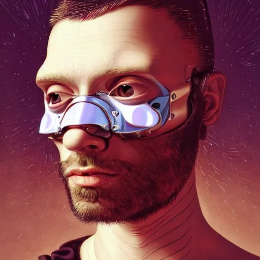 Image similar to Colour Caravaggio Bosch style Photography of Highly detailed Man with reflecting glowing skin with highly detailed 1000 years old face with reflecting glowing skin wearing highly detailed sci-fi VR headset designed by Josan Gonzalez. Many details . In style of Josan Gonzalez and Mike Winkelmann and andgreg rutkowski and alphonse muchaand and Caspar David Friedrich and Stephen Hickman and James Gurney and Hiromasa Ogura. Rendered in Blender and Octane Render volumetric natural light