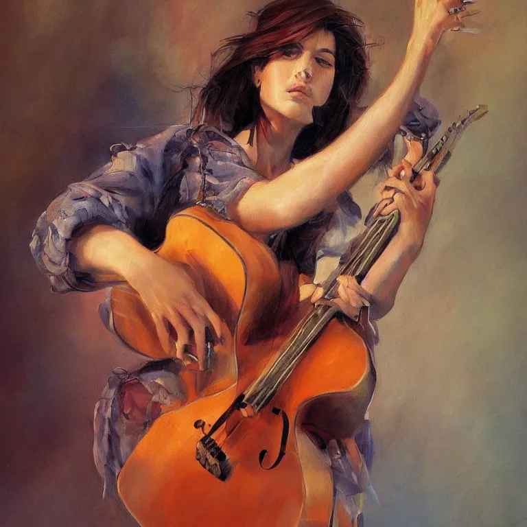 Prompt: a beautiful masterpiece painting of a female musician by juan gimenez, award winning, trending on artstation,
