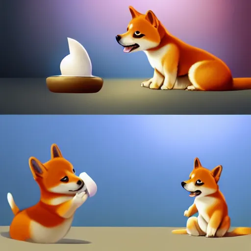 Image similar to goro fujita ilustration a baby shiba inu playing with a bone by goro fujita, painting by goro fujita, sharp focus, highly detailed, artstation