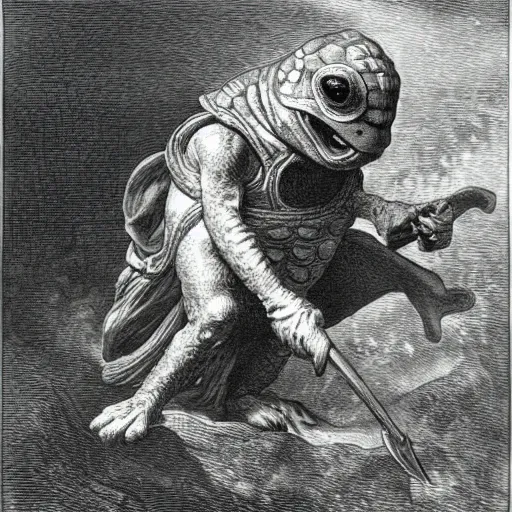 Image similar to anthropomorphic turtle hero by gustave dore