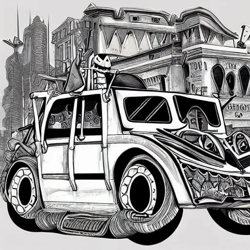 Prompt: grim fandango art style car concept