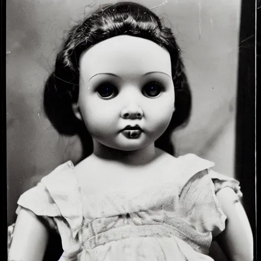 Prompt: a close - up, black and white studio photographic portrait of a doll with a broken face, dramatic backlighting, 1 9 4 0 photo from life magazine