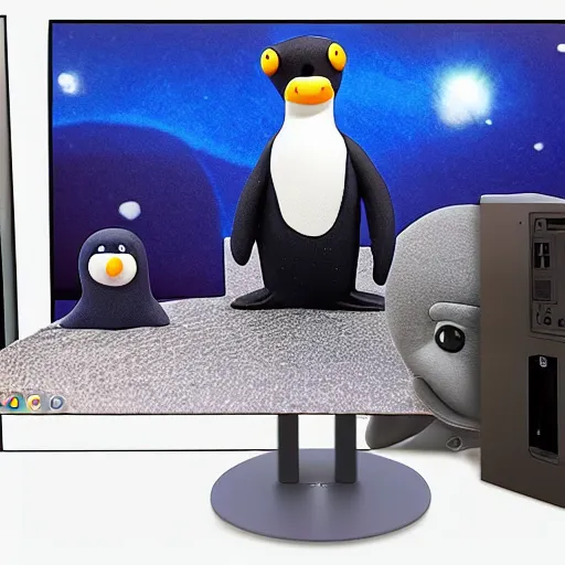 Image similar to pingu sitting behind a computer, bbc,, art, epic lighting, clay, claymation