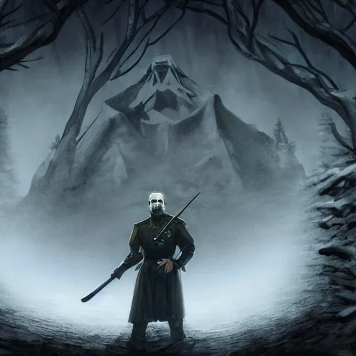 Image similar to superb digital illustration of stalin as a witcher, silver hammer and sickle as weapons, faces against spectres in the enchanted forest that hide in the fog, full moon, dreamy sequence, macabre spectacle, skeletal figures, solitude, uneasy, octane, unreal 5, cinematic, 8 k uhd, intricate detail, hyperrealist, dark fantasy mixed with socialist realism, concept art