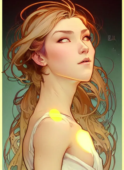 Image similar to digital character concept art by artgerm and greg rutkowski and alphonse mucha. clear portrait of a modern young wife blessed by god to uncontrollably grow overwhelmingly perfect!! blonde, in clothes! feminine well - formed holy body!! light effect. hyper detailed, glowing lights!! intricate, elegant, digital painting, artstation, smooth, sharp focus