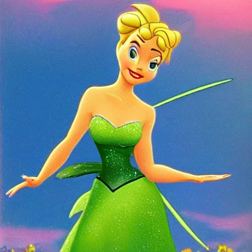 Image similar to tinkerbell landing on a hand, golden dress, disney movie ( 1 9 8 9 )