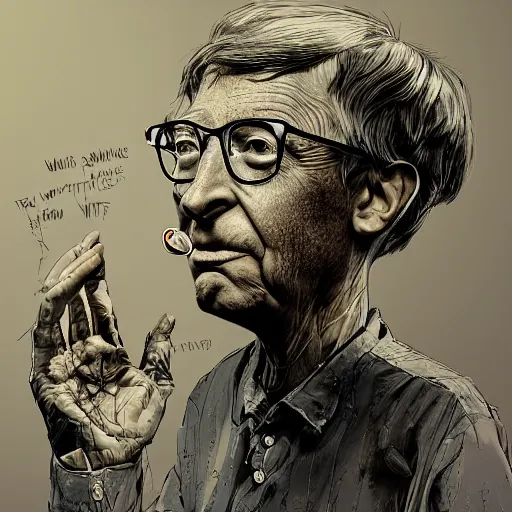 Prompt: bill gates holding a vaccine in his hand, body horror, by ralph steadman, feeling of grimdark, sharp focus, fiction, hyper detailed, digital art, trending in artstation, cinematic lighting, studio quality, smooth render, unreal engine 5 rendered, octane rendered, art style and nixeu and wlop and krenz cushart