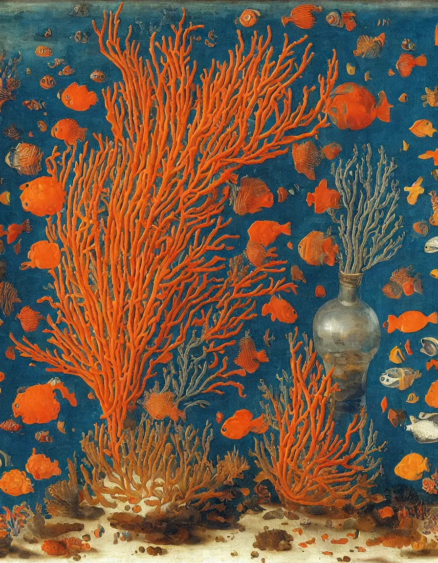 Image similar to bottle vase of coral under the sea decorated with a dense field of stylized scrolls that have opaque outlines enclosing mottled blue washes, with orange shells and purple fishes, ambrosius bosschaert the elder, oil on canvas