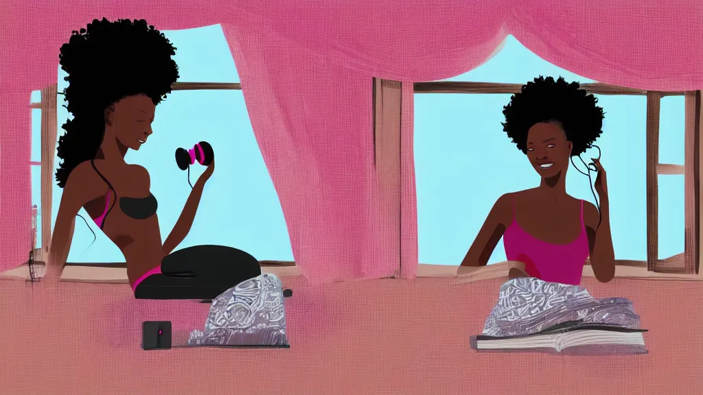 Prompt: black girl, curly hair, with headphones, studyng in bedroom, window with rio de janeiro view, lo-fi illustration style, digital art, alive colors