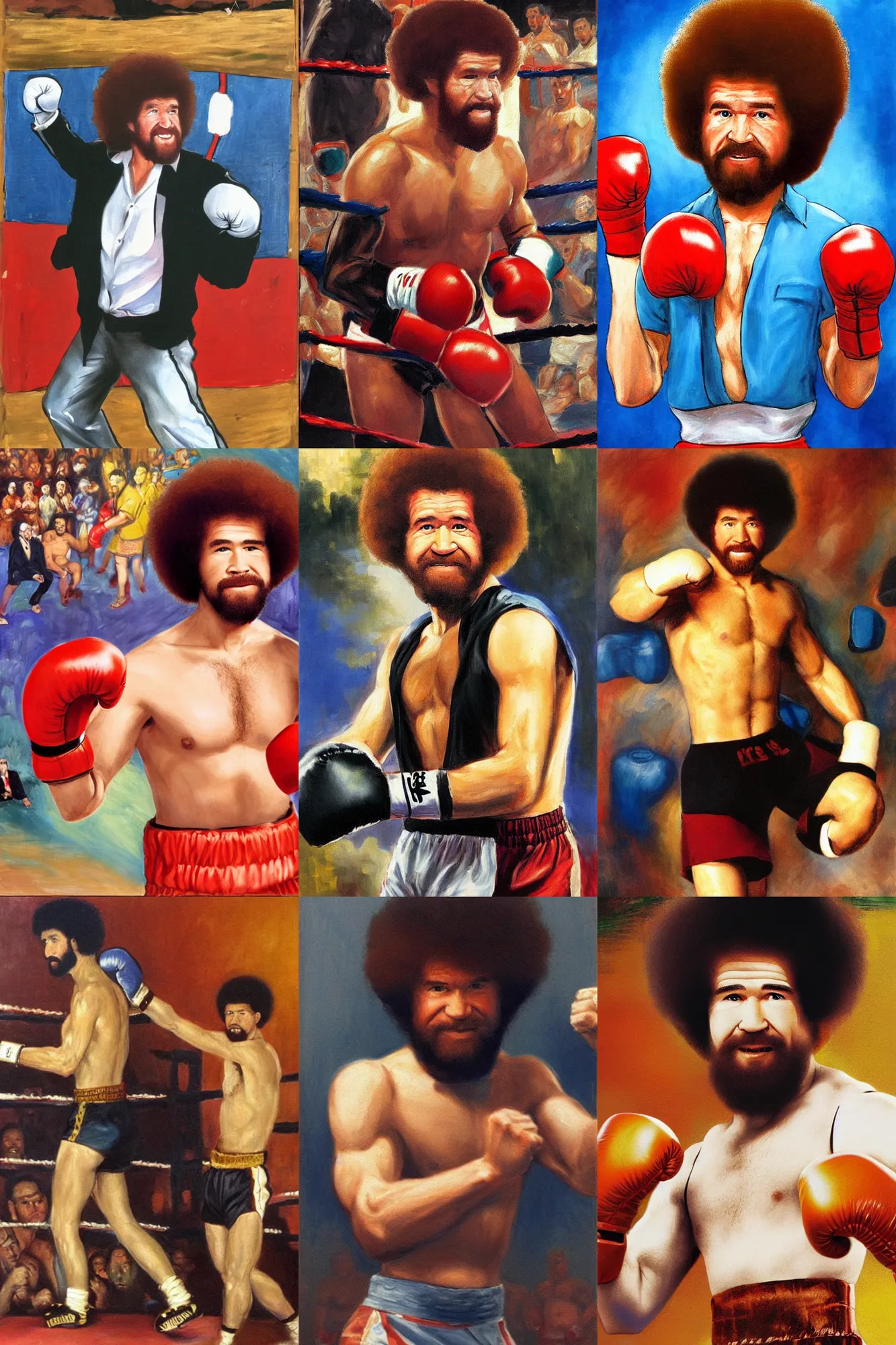 Prompt: Bob Ross in a boxing ring , Orientalism painting style