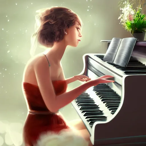 Prompt: a dreamy girl playing piano, trending on artstation