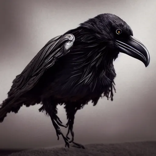 Image similar to full body pose, hyperrealistic photograph of a raven woman, dim volumetric lighting, 8 k, octane beautifully detailed render, extremely hyper detailed, intricate, epic composition, cinematic lighting, masterpiece, trending on artstation, very very detailed, stunning, hdr, smooth, sharp focus, high resolution, award, winning photo, dslr, 5 0 mm