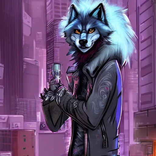 Image similar to beautiful furry art portrait digital art commission of a furry anthro wolf fursona wearing punk clothes in the streets of a cyberpunk city. character design by rick griffin, miles df