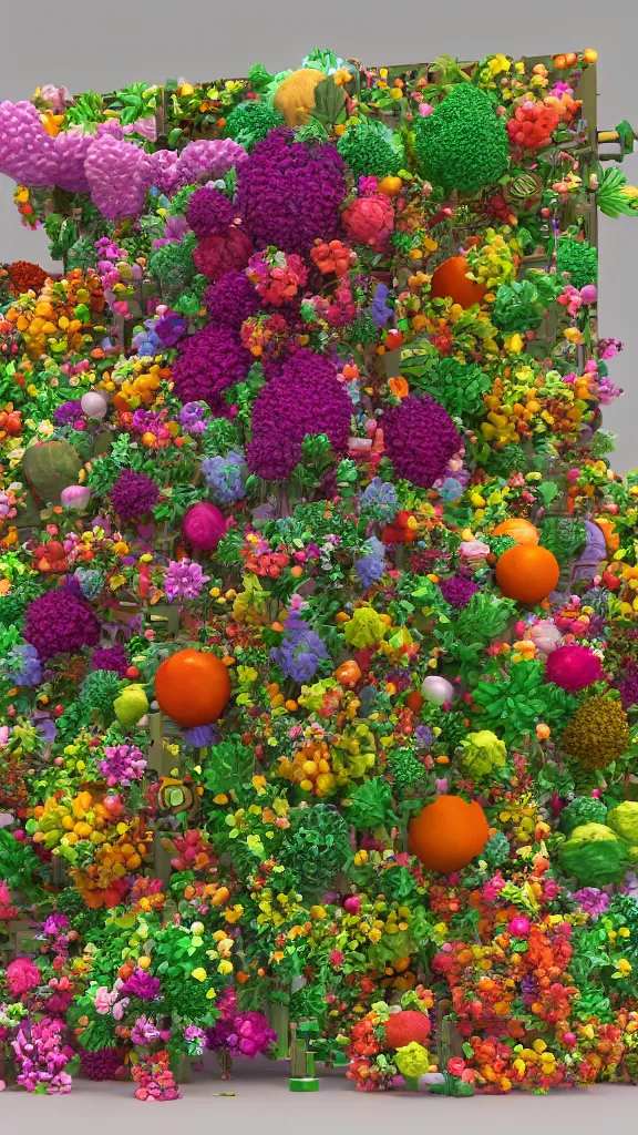 Prompt: a detailed render of a modular synth made of flowers and fruits, redshift renderer, hyperdetailed, 4k, soft lit