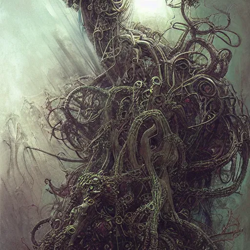 Image similar to cyberpunk medusa by gustave dore and gustave moreau and beksinski and giger and craig mullins and jeremy mann