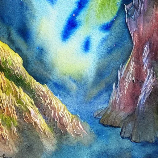 Image similar to beautiful lush natural scene on another planets majestic cliffs, with interesting creatures. different than earth but beautiful. lightfall. beautiful detailed artistic watercolor. trending on artstation and deviantart.