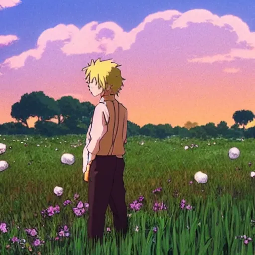 Prompt: man stands on a meadow made of popcorn, landscape, studio ghibli, anime