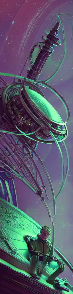 Image similar to Interplanetary cathedral snake oil engineering alchemical locomotive pharmaceutical industrial petroleum oil rig apothecary bull run serum cathedral, fantasy, portrait, sharp focus, intricate, elegant, digital painting, artstation, matte, highly detailed, concept art, illustration, volumetric lighting, purple green color scheme, art by Ilya Kuvshinov, artgerm