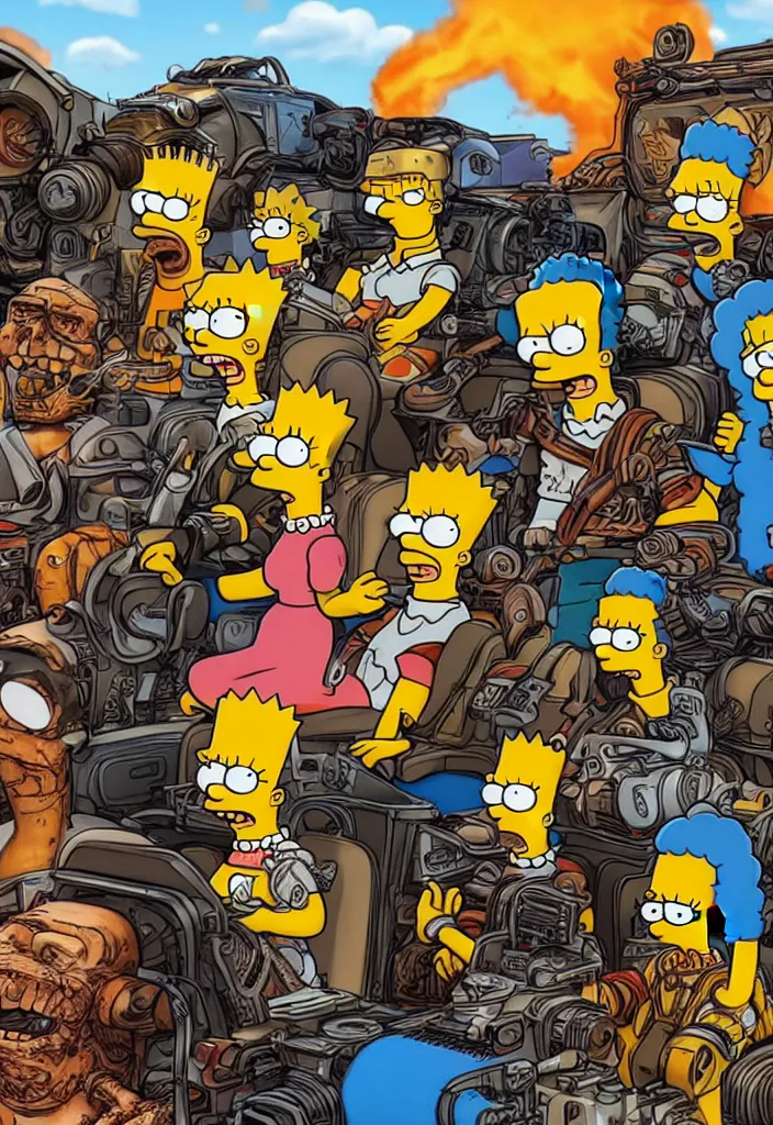 Prompt: Homer, Marge, Bart and Lisa Simpson in Fury Road Road Warrior movie, borderlands 4k render