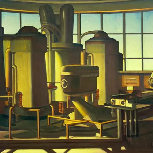 Image similar to engine room, turbines, plasma globes, robot repairmen, reactor core, grant wood, pj crook, edward hopper, oil on canvas