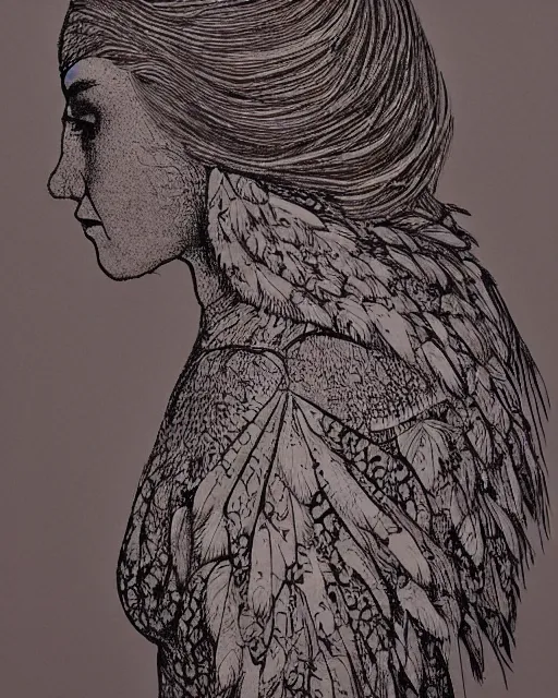 Prompt: a woman's face in profile, made of intricate owl feathers, in the style of the dutch masters and gregory crewdson, dark and moody