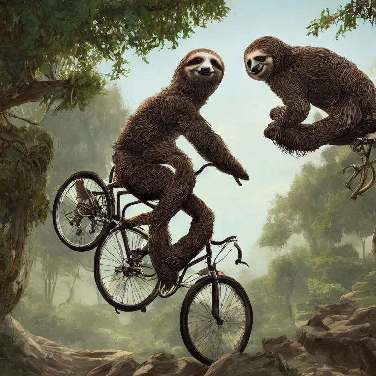 Prompt: fine art painting of a sloth riding a bicycle, artstation, cgsociety, very detailed, intricate, detailed illustration, deep vibrant colors