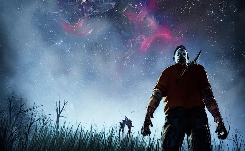 Image similar to cinematic view from behind a dead by daylight killer looking up to the cosmos, stars are aligning, character portrait, digital art